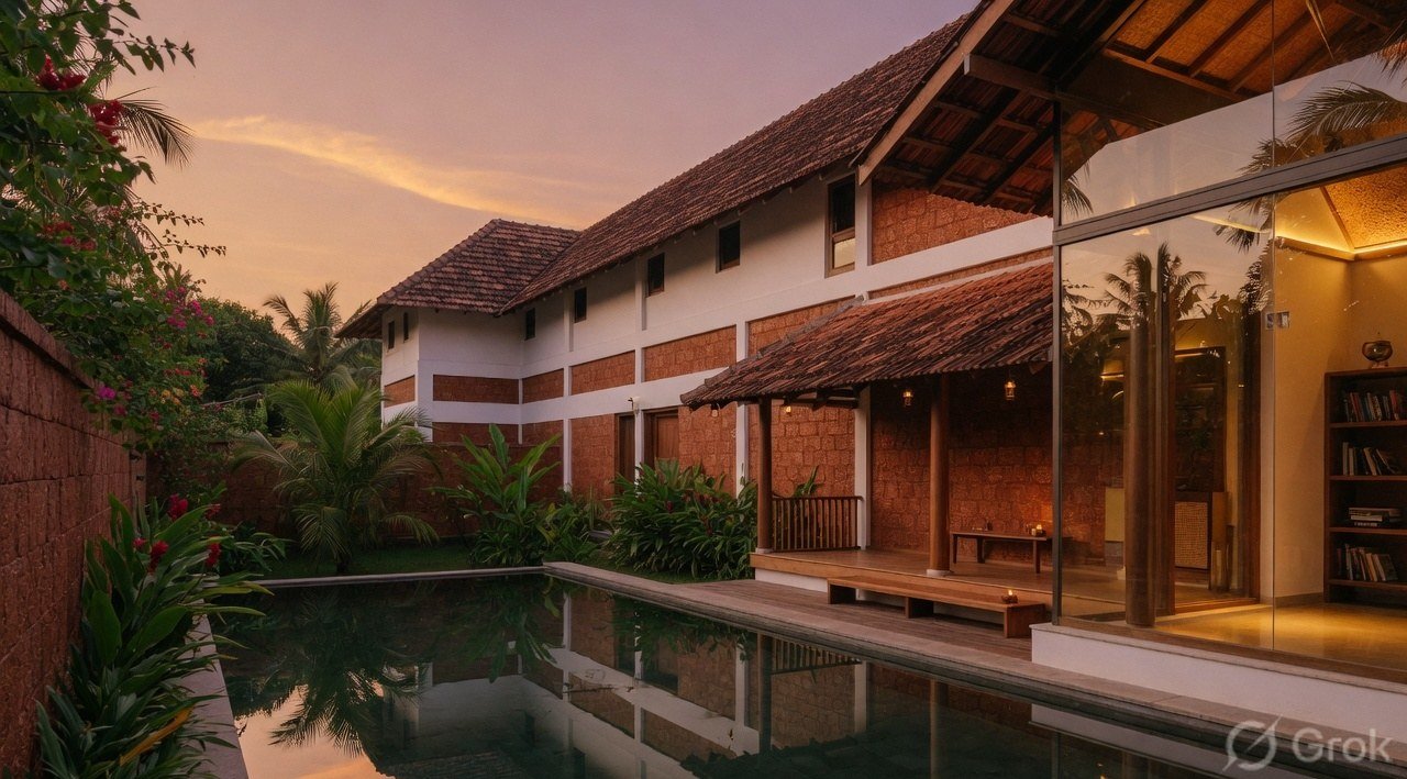 Contemporary Kerala residence at dusk